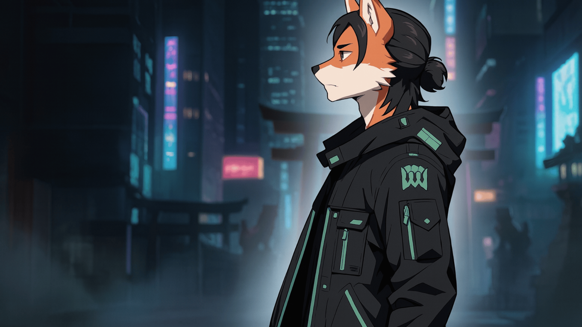 Kitsune - Nine-tailed fox in cyberpunk city